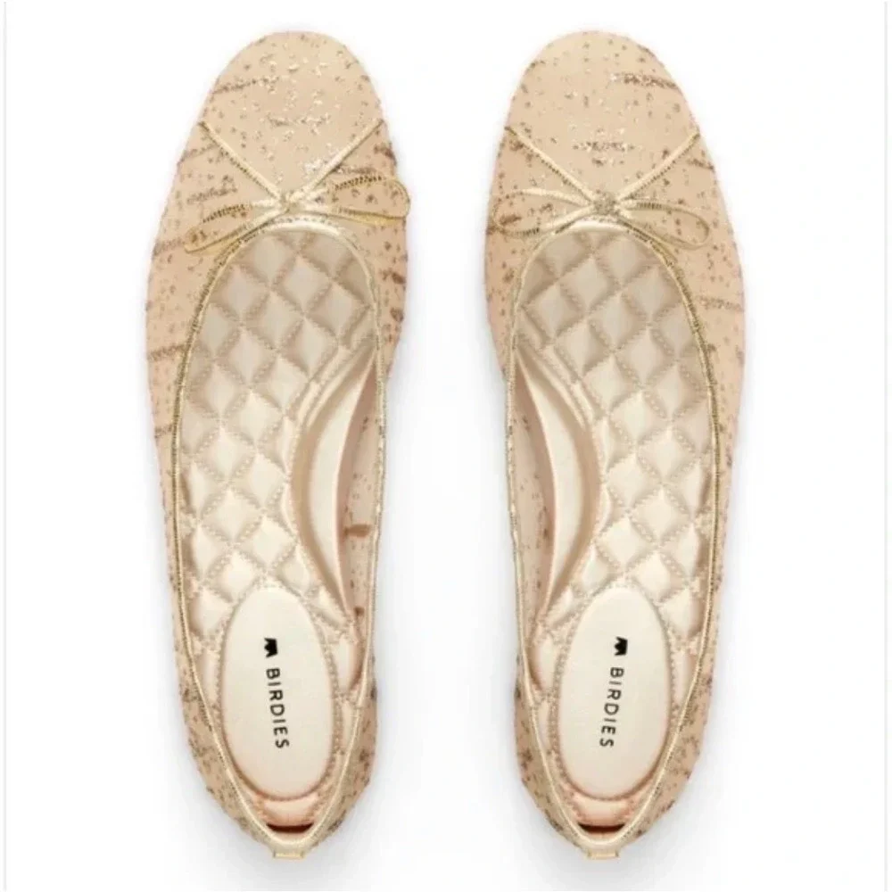Birdies The‎ Songbird Ballet Flats Champagne Gold Glitter Bow Shoes Womens 11